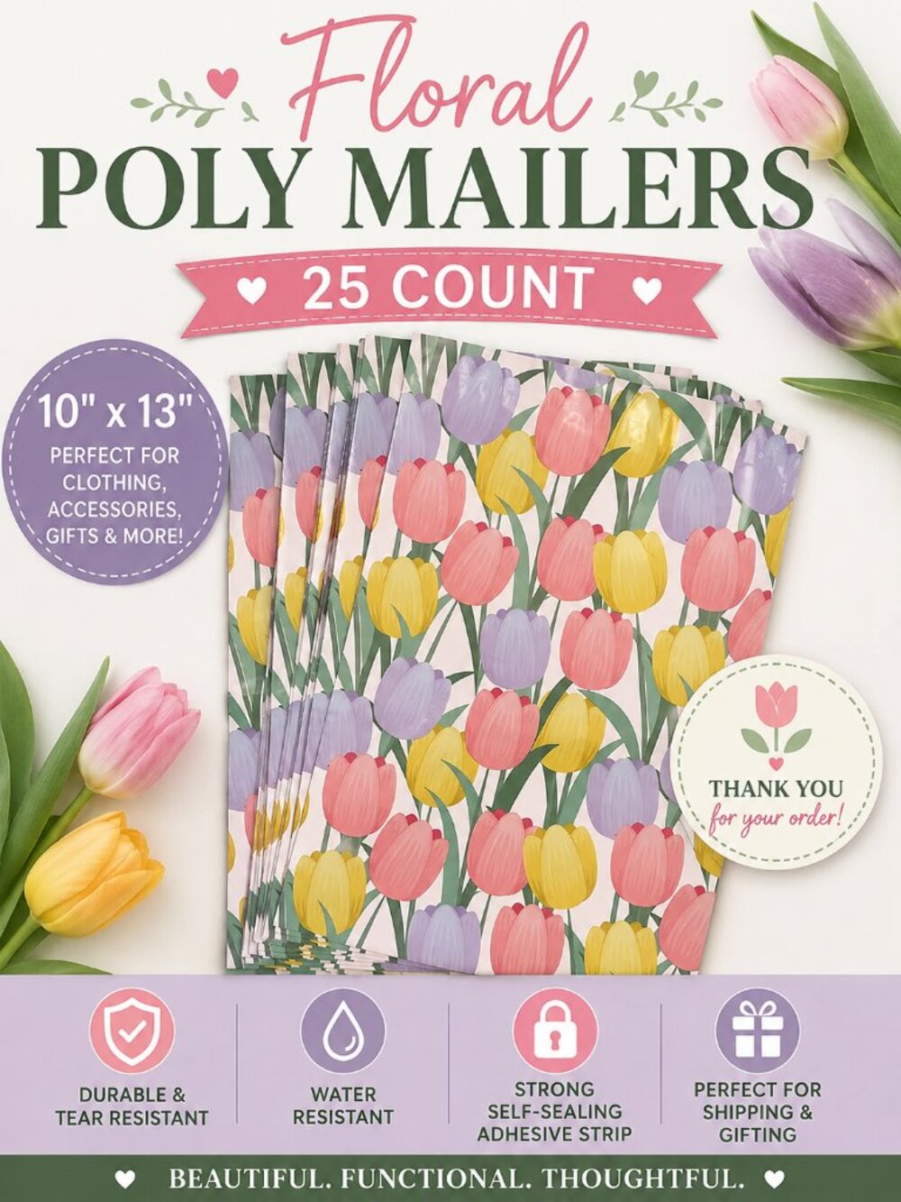 Spring Tulip Floral Print Poly Mailers Shipping Envelopes 10x13 25 Count